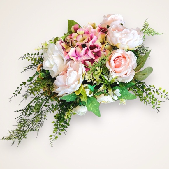 Pink/White Faux Floral Display in Handled Wicker Basket Decor - Picture 1 of 4